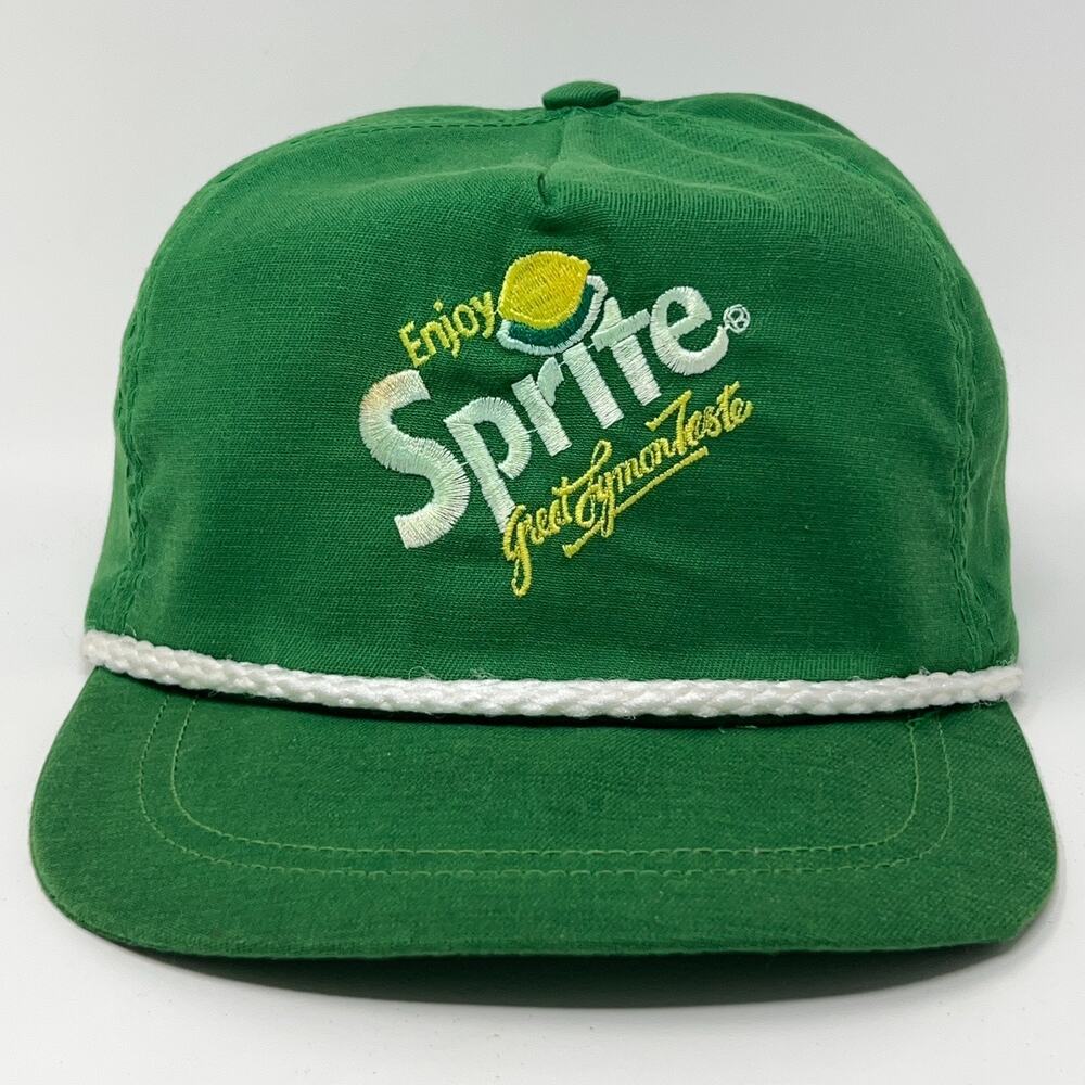 Vintage 80s Enjoy Sprite Hat Baseball Cap Soda Rope Corded Snapback Green